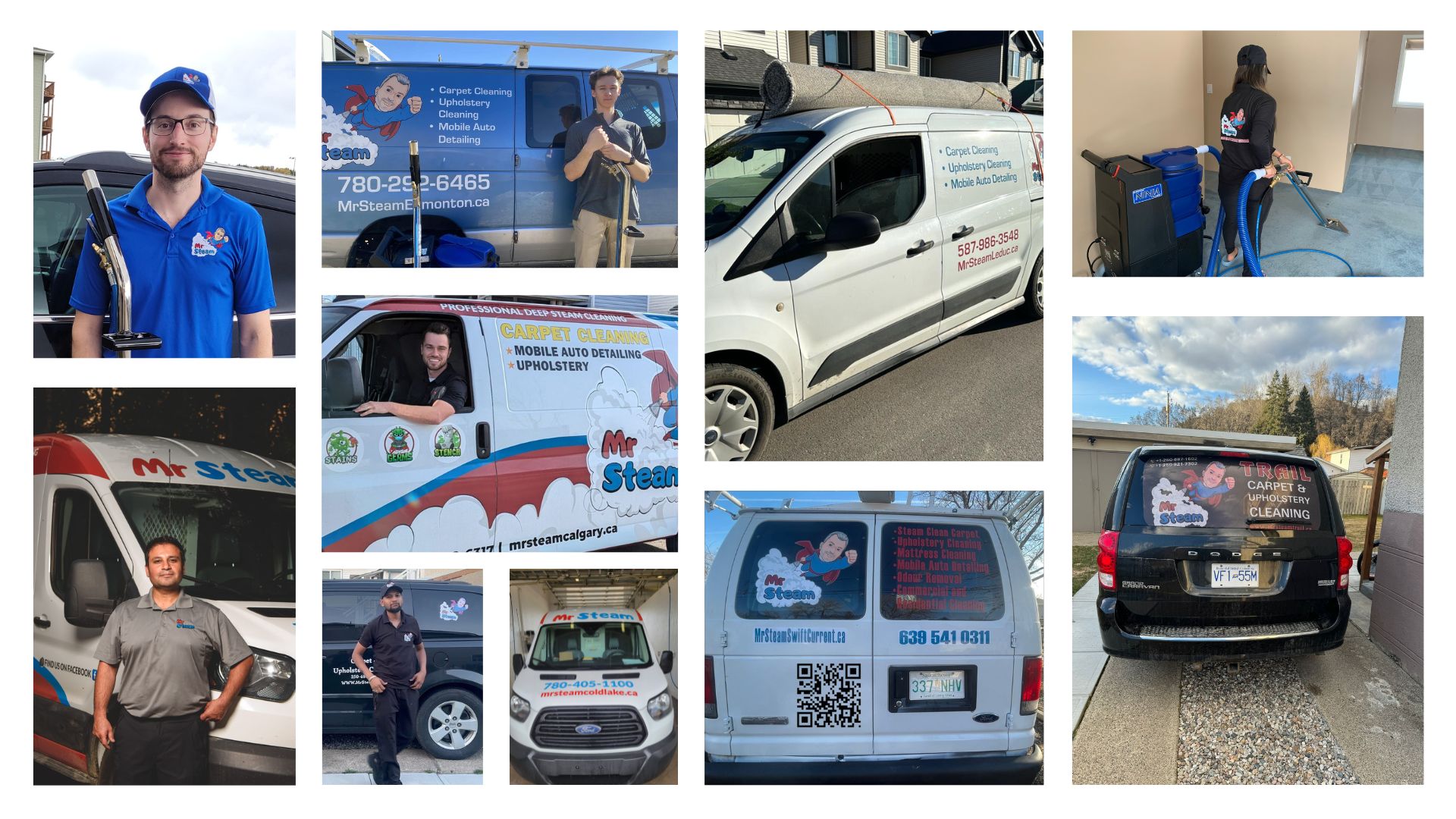 Mr. Steam technicians with their branded cleaning vans and equipment